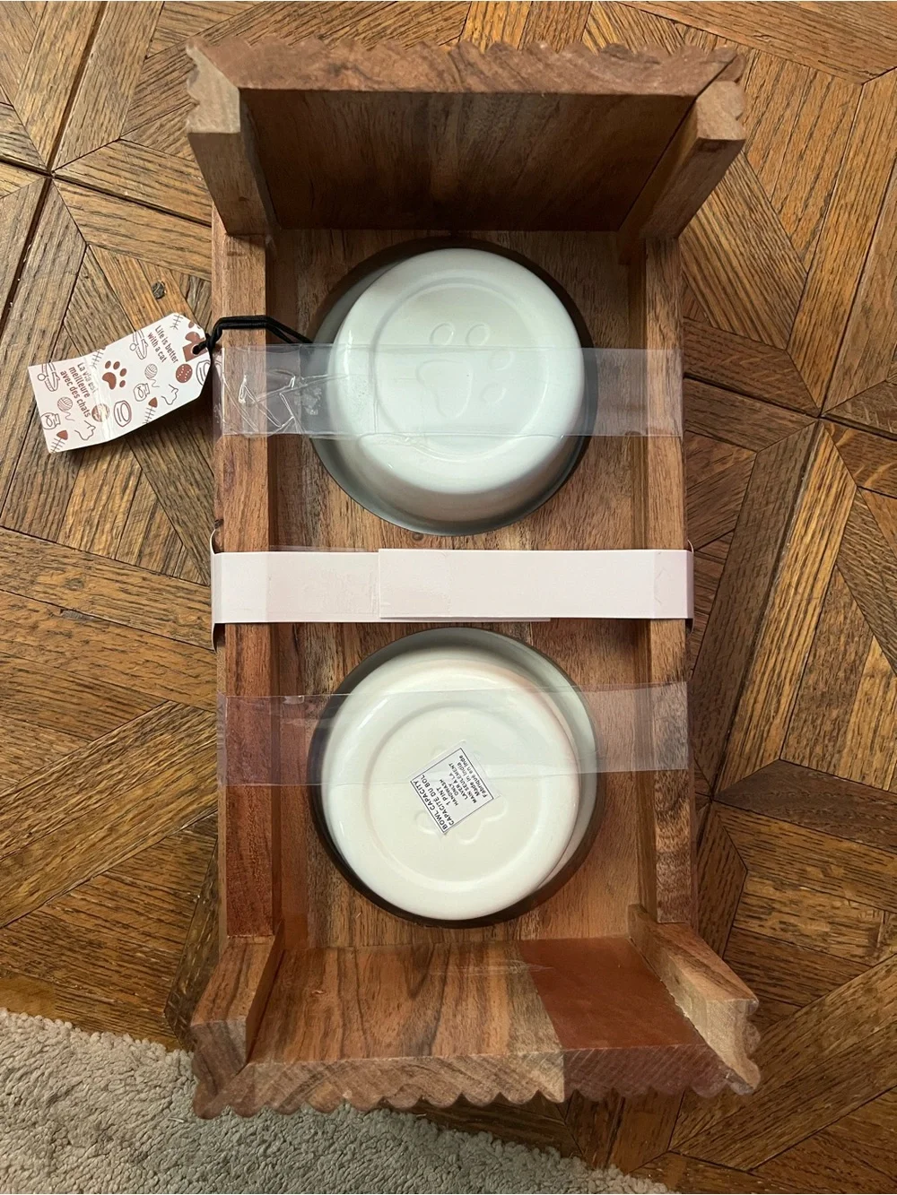 Live Love Meow Double Cat Bowl Set - White metal bowls with ceramic like coat.